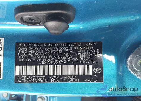 2021 Toyota Prius L Eco z USA, uszkodzony, nr VIN JTDKAMFU5M3141156